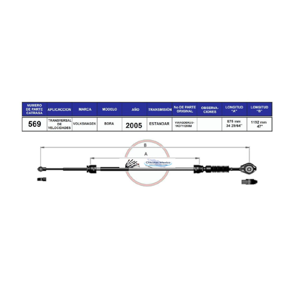 Chicote Transversal Para Volkswagen Bora Año 2005 Transmisión Estándar
